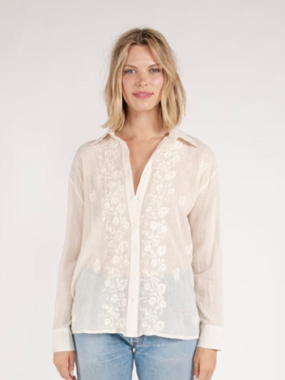 RAGA Cream Embroidered Long Sleeve Button Down Shirt Top Blouse Gauzy Boho NWOT